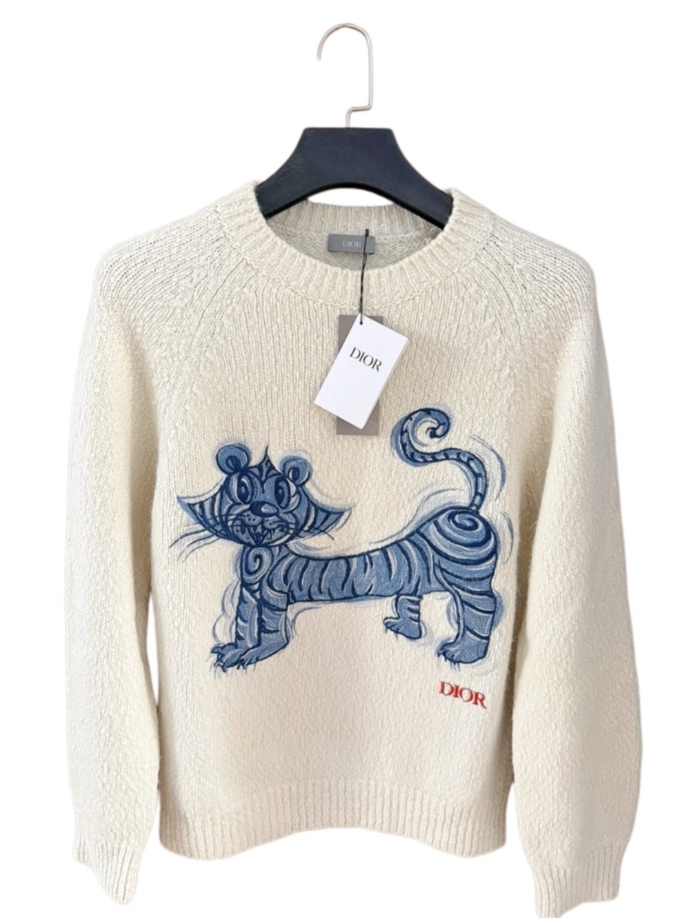 Authentic Dior Cream Crewneck Sweater with Blue Tiger Graphic